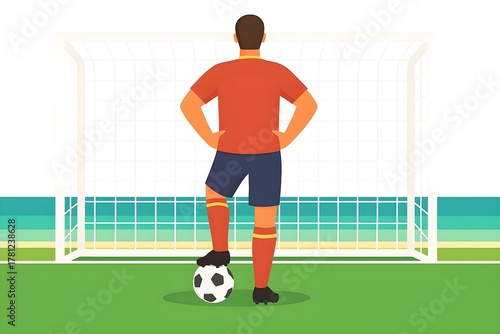 Vector illustration of football player backside holding ball near goal post on field