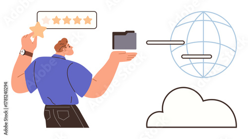Man holding a folder and placing a star rating. Cloud storage, global connections, and digital workflows. Ideal for data management, cloud computing, tech services, networking, user feedback digital