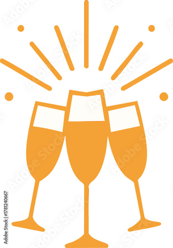 Three clinking champagne glasses with sparkles and radiating lines in festive vector style for celebration themes