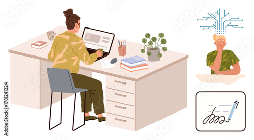 Woman at desk using laptop, surrounded by books and plants digital brainstorming and signing ideas depicted. Ideal for productivity, remote work, creativity, focus, education, innovation, teamwork