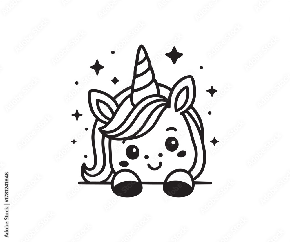 Fototapeta premium Cute Unicorn Head Vector Illustration – Kawaii Fantasy Line Art Design