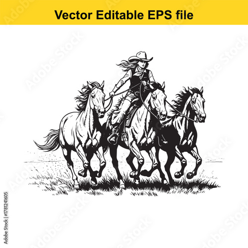 Cowgirl riding three horses in a field, black and white sketch, vector illustration