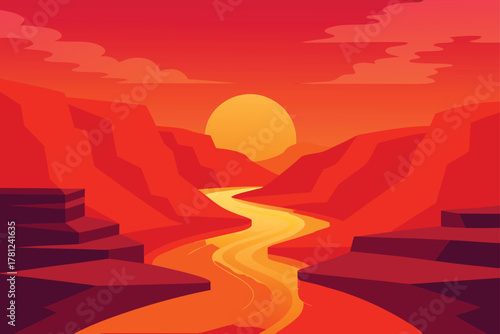 Sunset Canyon Landscape Vector Illustration with Winding River Beautiful Desert Scene and Fiery Sky Flat Design Graphic Template Background Wallpaper