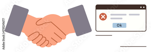Close-up of handshake next to error message dialog. Ideal for themes thumbs up agreement, business failure, negotiation, trust, communication issue, partnership, conflict. Simple flat metaphor