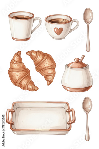 Watercolor Breakfast Clipart Set, Hand Drawn Coffee Mugs, Croissants, and Sugar Bowl Collection for Morning Menu Design