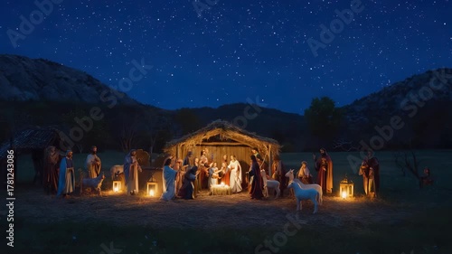 Nativity Scene Under Starry Night Sky: Christmas Manger with Holy Family, Shepherds, and Animals in a Rustic Setting, Celebrating the Birth of Jesus Christ