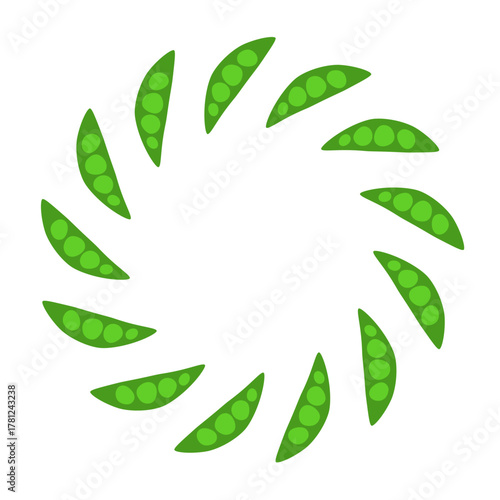 Round wreath with cute flat green peas isolated on white background. Circle frame with vegetables.
