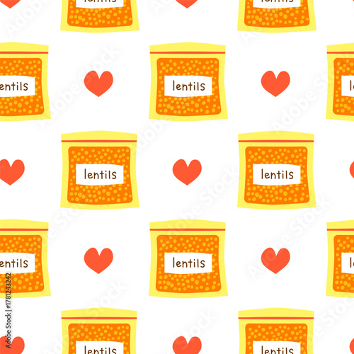 Seamless pattern with hand drawn flat red lentils in pack. Cute background with food ingredients.