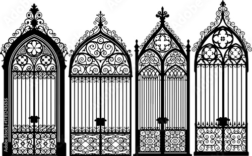 Collection of ornate gothic gates with intricate details and wrought iron designs