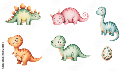 Baby dinosaur illustration set for kids nursery wall art. Cute safari animal in pastel colors for baby birthday decor.