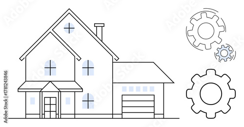 Contemporary house with windows, garage, chimney, and nearby rotating mechanical gears. Ideal for smart technology, home automation, innovation, engineering, efficiency real estate and modern