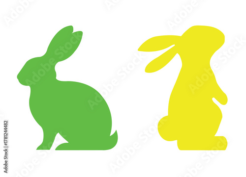 Cute spring Easter bunnies shapes colorful vector illustration. Simple icons of a rabbit hopping, sitting, jumping, rearing on hind legs. Easter bunny rabbit silhouettes. 