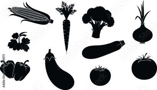 Illustration of silhouette set of fresh vegetables, healthy food