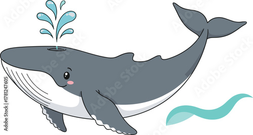 Cartoon whale character, friendly marine animal, smiling ocean creature, water spout design, sea wildlife illustration, cute vector art, children education theme