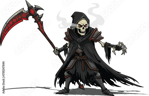 Grim reaper mascot, dark fantasy character, skull warrior, glowing red eyes, mystical scythe illustration, horror concept art, supernatural vector design
