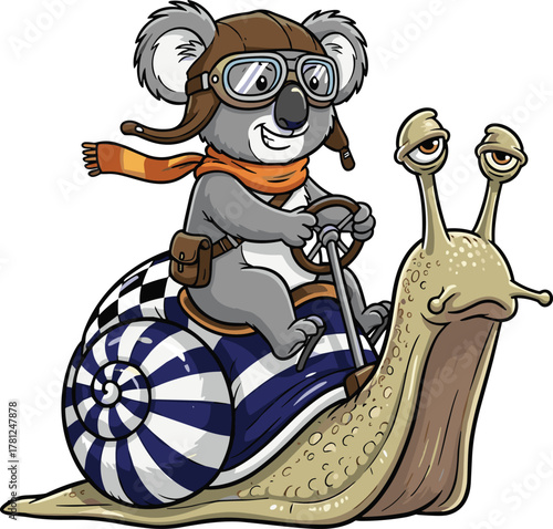 Koala pilot mascot, cartoon animal character, riding giant snail, whimsical fantasy illustration, aviator goggles design, playful vector art, humorous concept