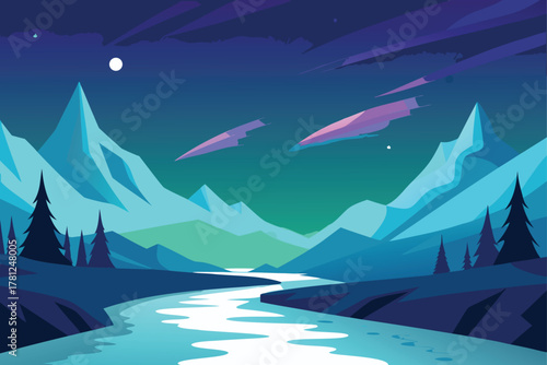 Futuristic Mountain Landscape Illustration with River, Spacecraft, and Stars: Fantasy Vector Scene of Adventure and Discovery