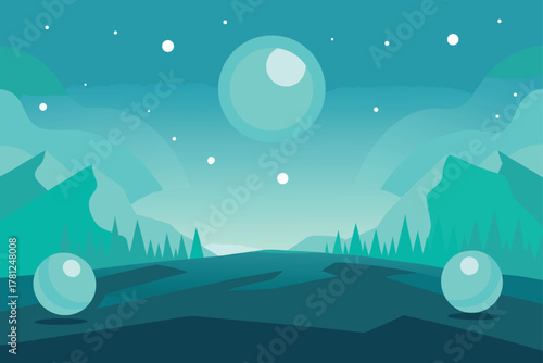 Minimalist Abstract Alien Landscape Vector Illustration: Surreal Scene with Floating Orbs, Mountains and Atmospheric Perspective