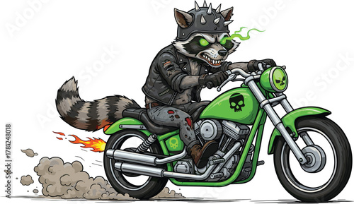 Raccoon biker mascot, punk animal character, riding motorcycle illustration, rebellious cartoon design, glowing eyes artwork, edgy vector concept, action scene