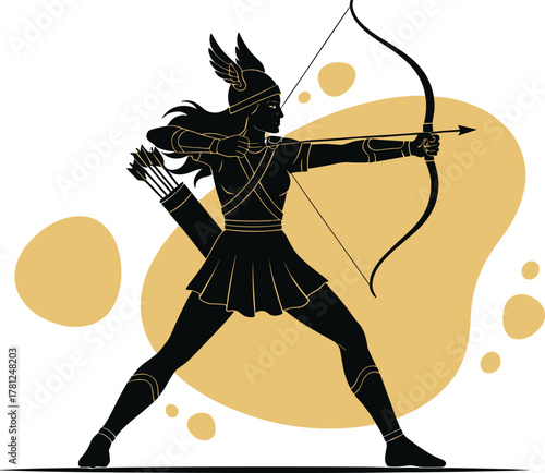 Warrior woman silhouette, mythological archer character, bow and arrow design, classical fighter illustration, strong female hero, dynamic vector art concept