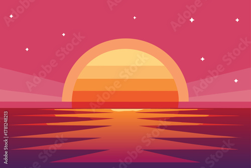 Ocean Sunset Vector Art. Sea Sunrise Scenery Background Wallpaper Design with Stars. Minimalist Seascape Graphic Illustration
