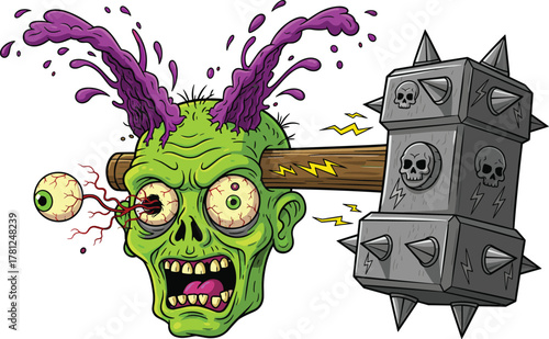 Zombie head illustration, cartoon undead character, spiked hammer artwork, horror fantasy design, grotesque surreal concept, dark vector art scene