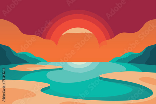 Scenic Lagoon Landscape Illustration Sunset Seascape With Mountains Teal Water Calm Ocean Orange Sky Nature Scene Vector Art Background