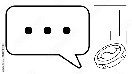 Speech bubble with three dots beside a coin dropping, symbolizing discussions about money, decision-making, communication, economy, consulting, finances, or budgeting. Simple flat metaphor