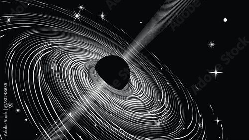 Black hole with disc of plasma eating dying star in space. Supermassive singularity in core off a galaxy, with lines . Event horizon .Vector illustration