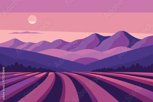 Lavender Field Landscape with Sunset in Mountain Valley Serene Nature Scene with Purple Hues and Minimalist Design for Web Banners