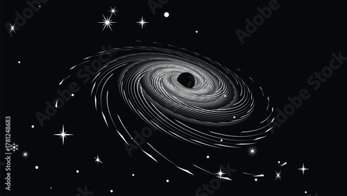 Black hole with disc of plasma eating dying star in space. Supermassive singularity in core off a galaxy, with lines . Event horizon .Vector illustration