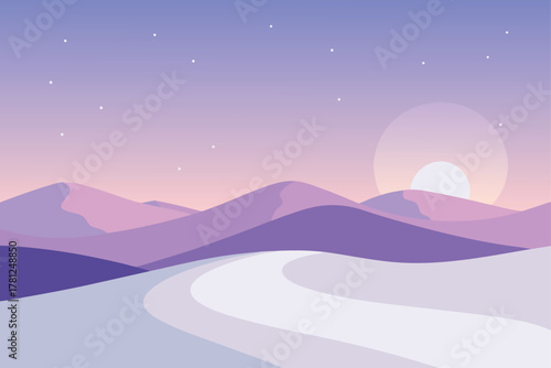 Peaceful Desert Landscape Vector Graphic: Minimalist Dune Scenery at Sunset, Tranquil Sandscape, Desert Road, Nature Exploration, Calm Dunescape