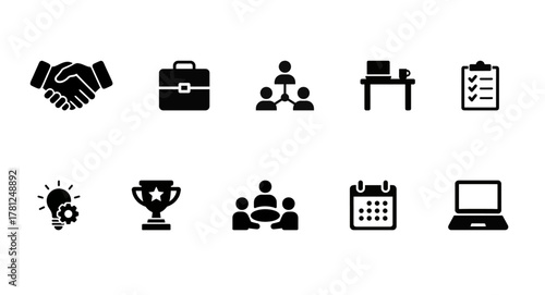 Business management and teamwork icons representing leadership planning communication goals and productivity office concepts