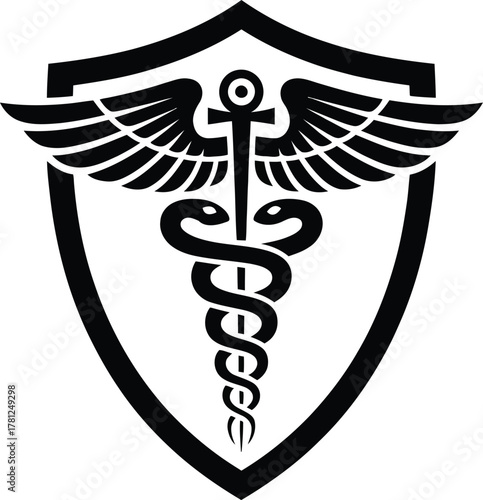 Caduceus medical symbol with winged staff and snakes in a shield