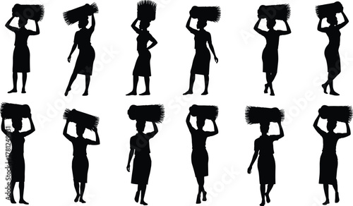 Set of 12 African women silhouettes carrying large bundles of grass or firewood on their heads, symbolizing manual labor, burden, farming, and cultural tradition, vector