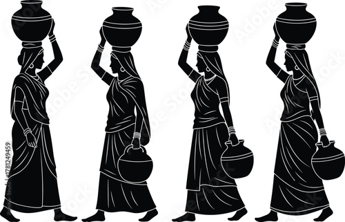 Traditional Indian women carrying water pots on heads and in hand, walking, black and white flat vector illustration, symbolizing daily life, culture, hard work, and rural India.