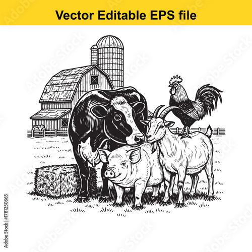 Farm animals including cow, pig, goat, and rooster in front of a barn and silo, vector illustration