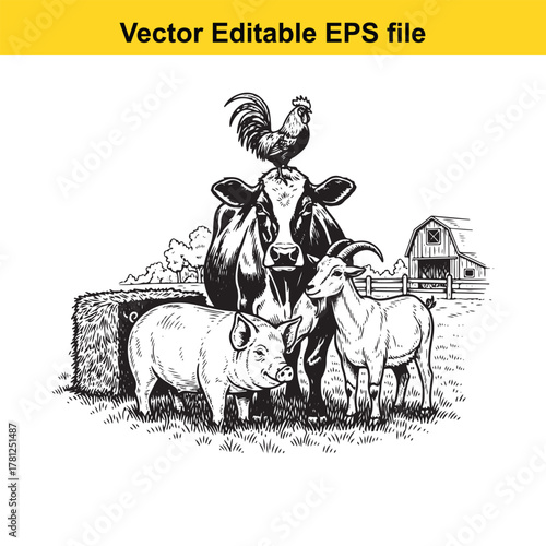 Farm animals including a cow, pig, goat, and chickens gathered in a field with a barn and hay bale in the background, black and white illustration