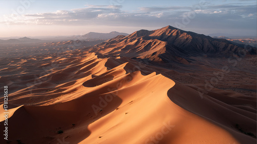 Stunning aerial view of desert sand dunes at sunset