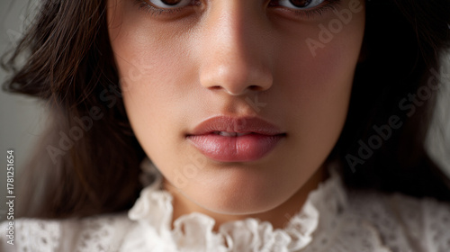 Close-up portrait of a young woman in a ruffled blouse