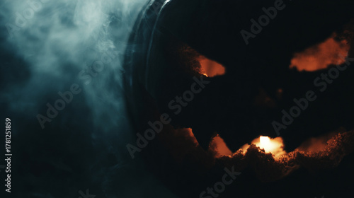 Spooky jack-o'-lantern in fog