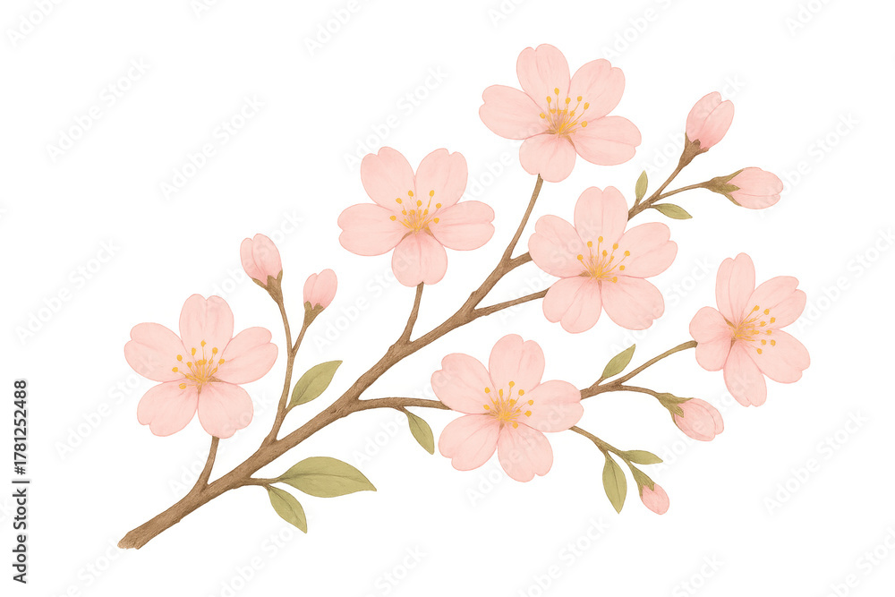 Fototapeta premium Pink cherry blossom flowers blooming watercolor illustration