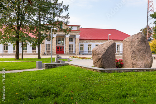 Narva railway station building with red roof, Estonia.