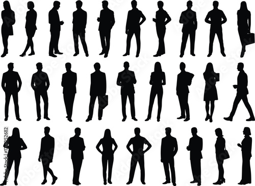 Silhouettes of business professionals in corporate attire, standing, walking, holding briefcases, teamwork, leadership, office, workplace, diversity