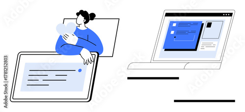 Woman hugging a heart shape beside a digital tablet, laptop displaying online content. Ideal for technology, communication, love, self-care, digital relationship, connection, simple flat metaphor