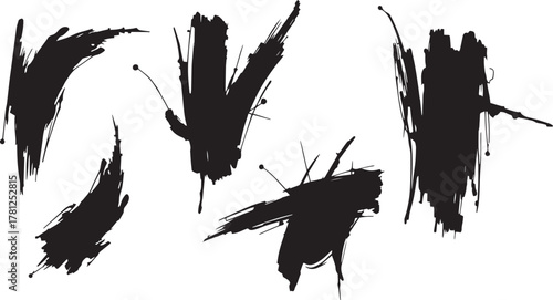 Brush set. Vector black paint brush spots, highlighter lines or felt-tip pen marker. Ink smudge abstract shape stains and smear set with texture