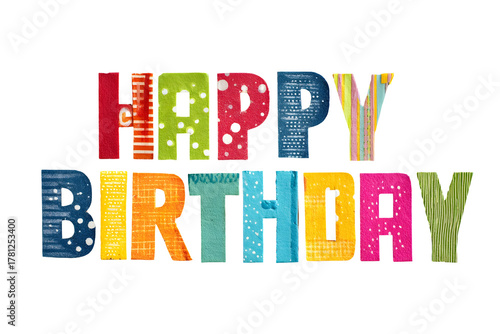 Colorful happy birthday text with patterned block letters