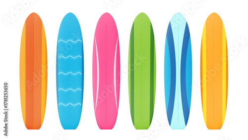 Colorful summer surfboard set. Summer surfing board for water sport activity. Symbol of tropical travel, vacation, beach and ocean adventure. Vector illustration