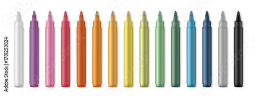 Realistic colorful marker pen set for drawing, sketching, school and office use. Vector illustration