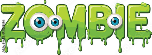 Cartoon Zombie word title with dripping green slime, spooky eyeballs, and gooey font effect, perfect for Halloween design, horror event posters, and scary monster party graphics on white.